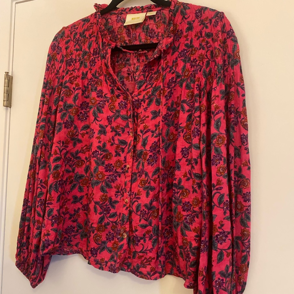 Anthropologie Vibrant Pink and Blue Floral Blouse